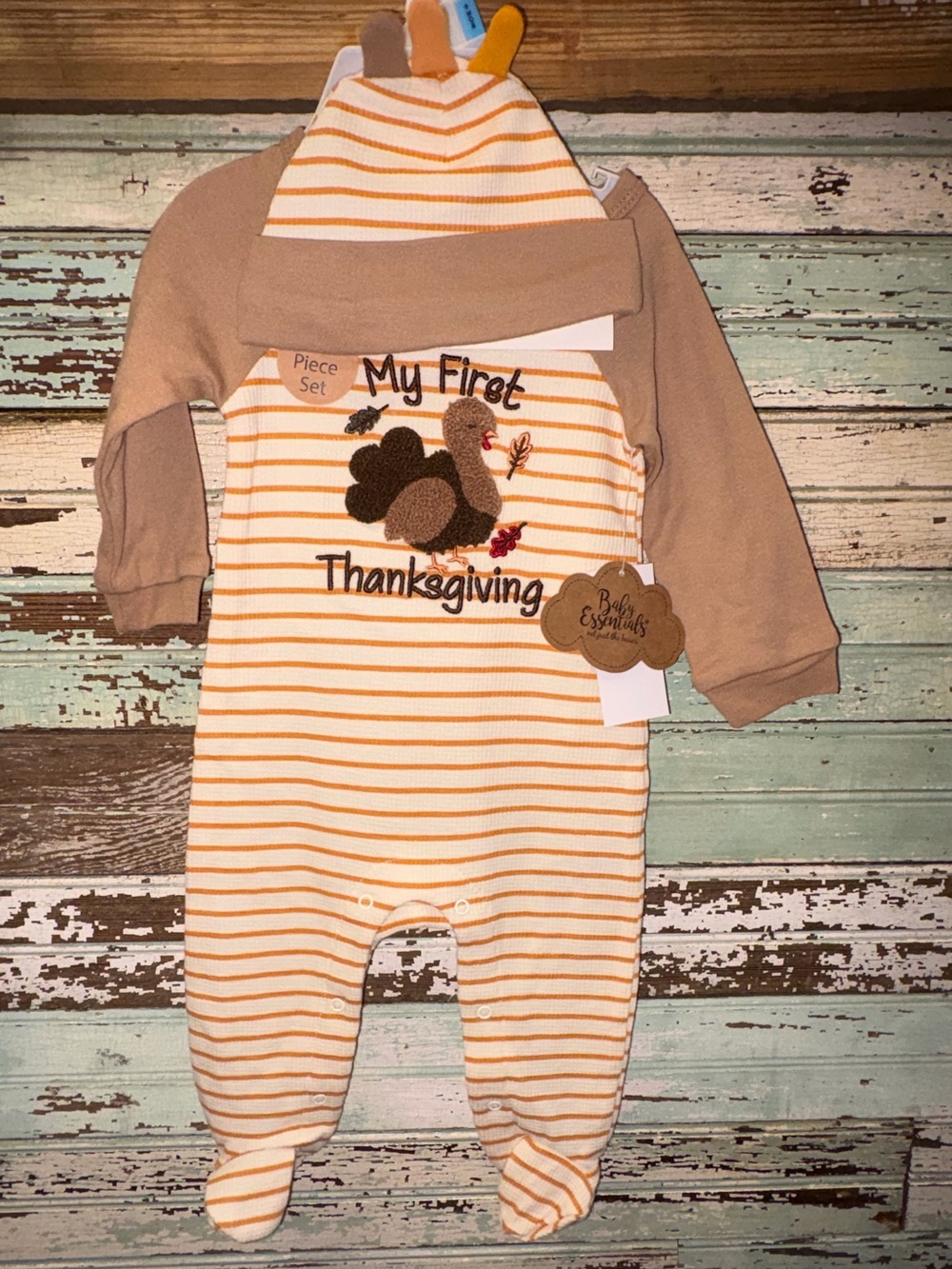 NEW Baby Essentials’My First Thanksgiving’ Striped Romper with Hat Brown & Cream